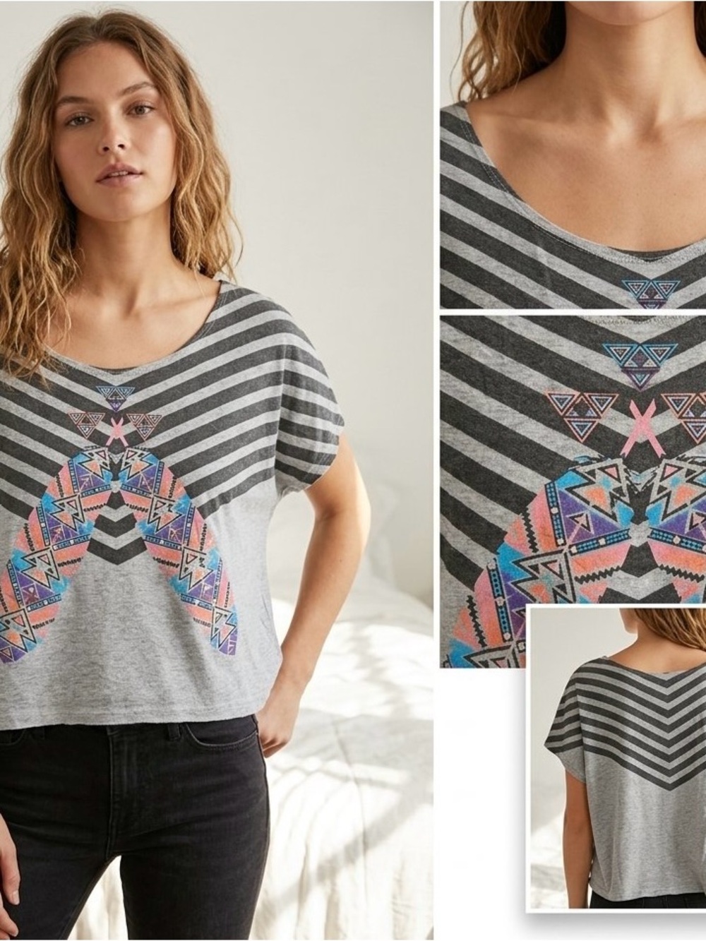 Daydreamer Gray Striped Crop Tee with Multicolor Tribal Arch Size L
